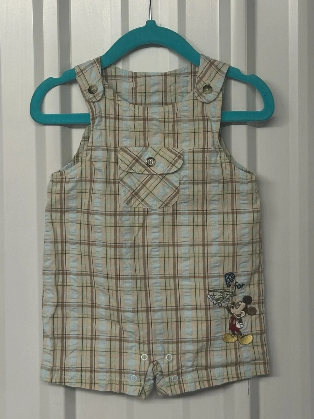 Infant Mickey Mouse Plaid Airplane Shortalls Disney Baby Y2K Retro Romper